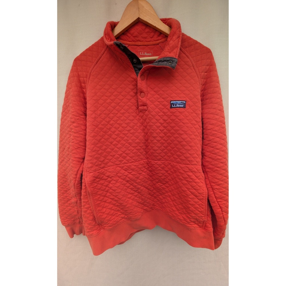 LL Bean Katahdin Quilted Pullover Sweatshirt Mens M Orange Cotton Snap Neck